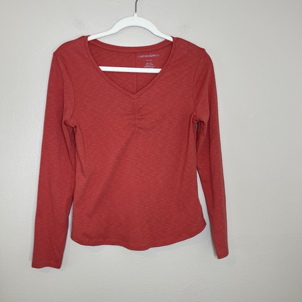 cynthia rowley top T Shirt Long Sleeve S Coral Red Ruched Casual Preppy Staple‎